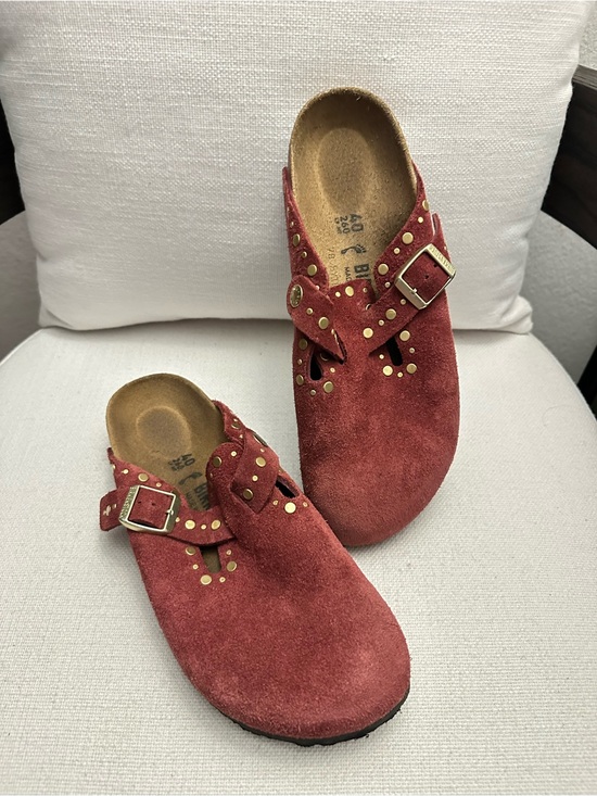 Birkenstock Shoes - Birkenstock Red Suede Studded Clog Mule with Buckle